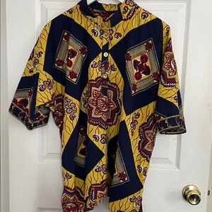 Dashiki Style Yellow & Navy Patterned Shirt. Handmade. African fabric. L